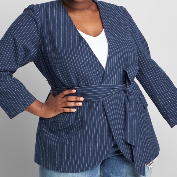 Lane Bryant NWT Linen Blend Dark Blue Striped Blazer women's size 24 - Picture 2 of 11